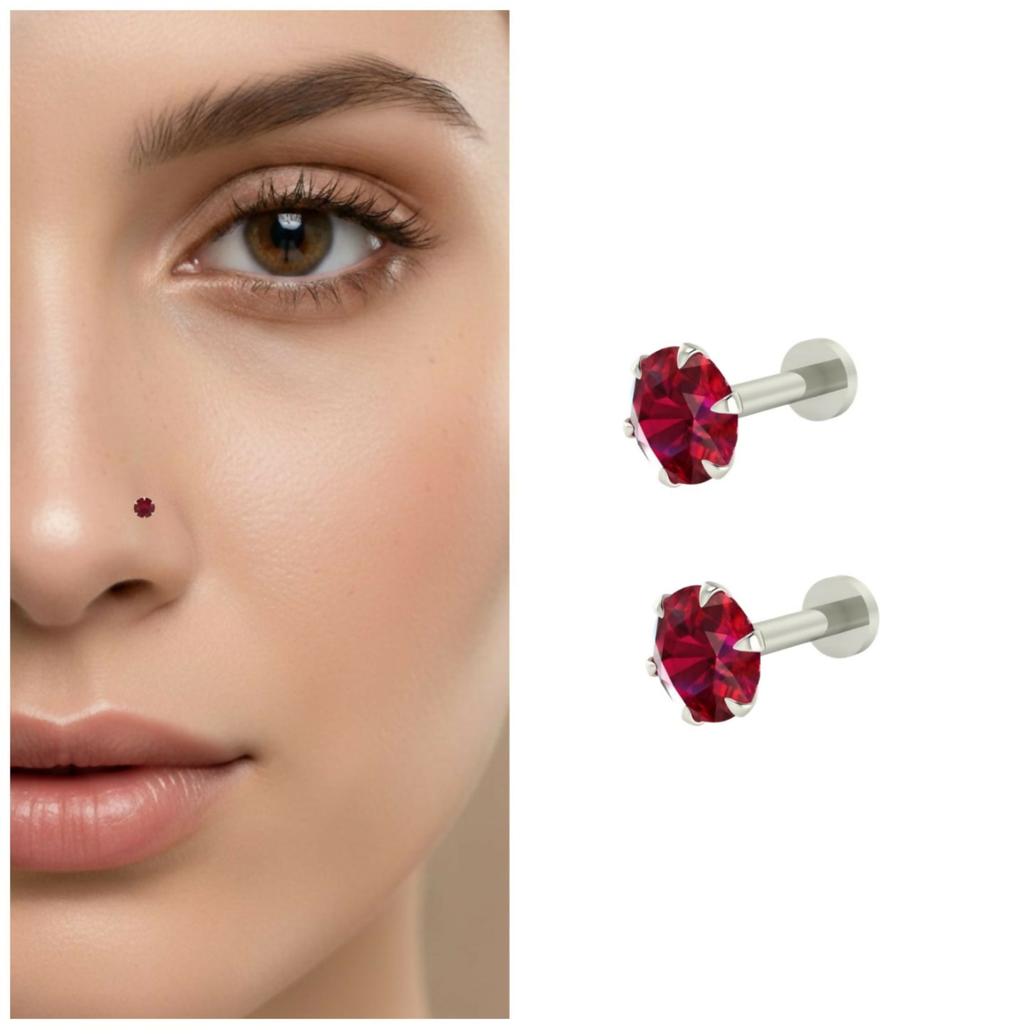 Flat display of silver-plated red crystal nosepin studs highlighting prong settings