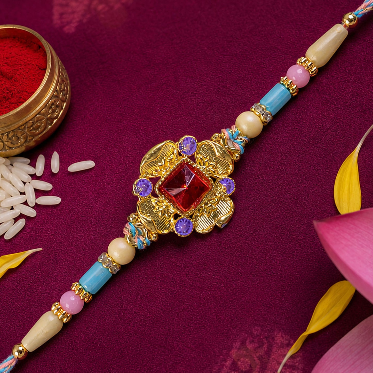 Ornate Rakhi showcasing Square Crystal Charm, gift finish and chain look for Gift Use