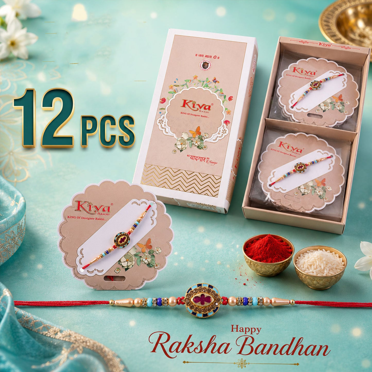 Round Meenakari Floral Designer Rakhi for Brother with Turquoise Beads