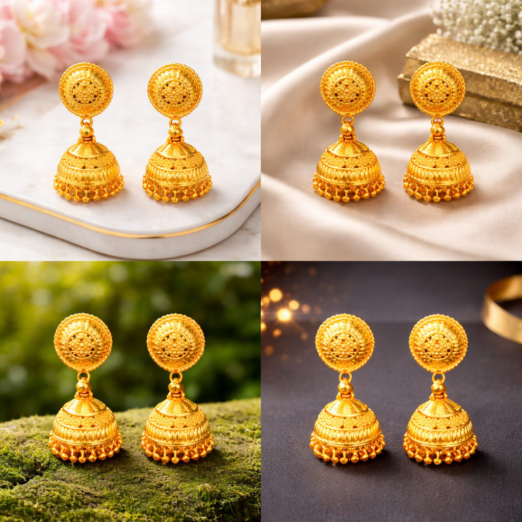 Gold-tone lightweight jhumka earrings suited for wedding attire