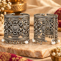 Silver-Tone Imitation Baloya Bangle | Floral Filigree Openwork with Pearl & Bead Drops Description: