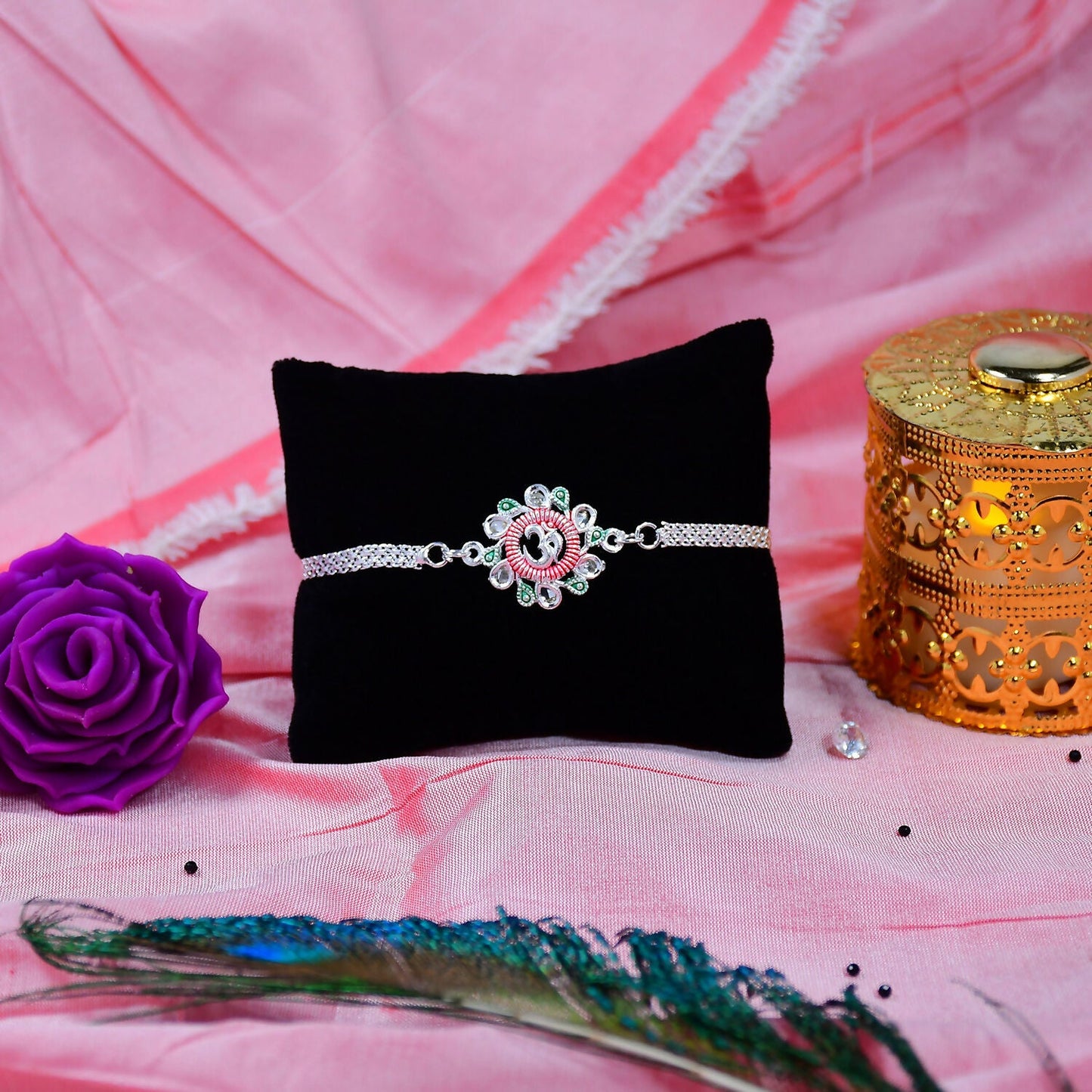Om Rakhi Floral Design with Pink Green Accents for Raksha Bandhan (5pcs)