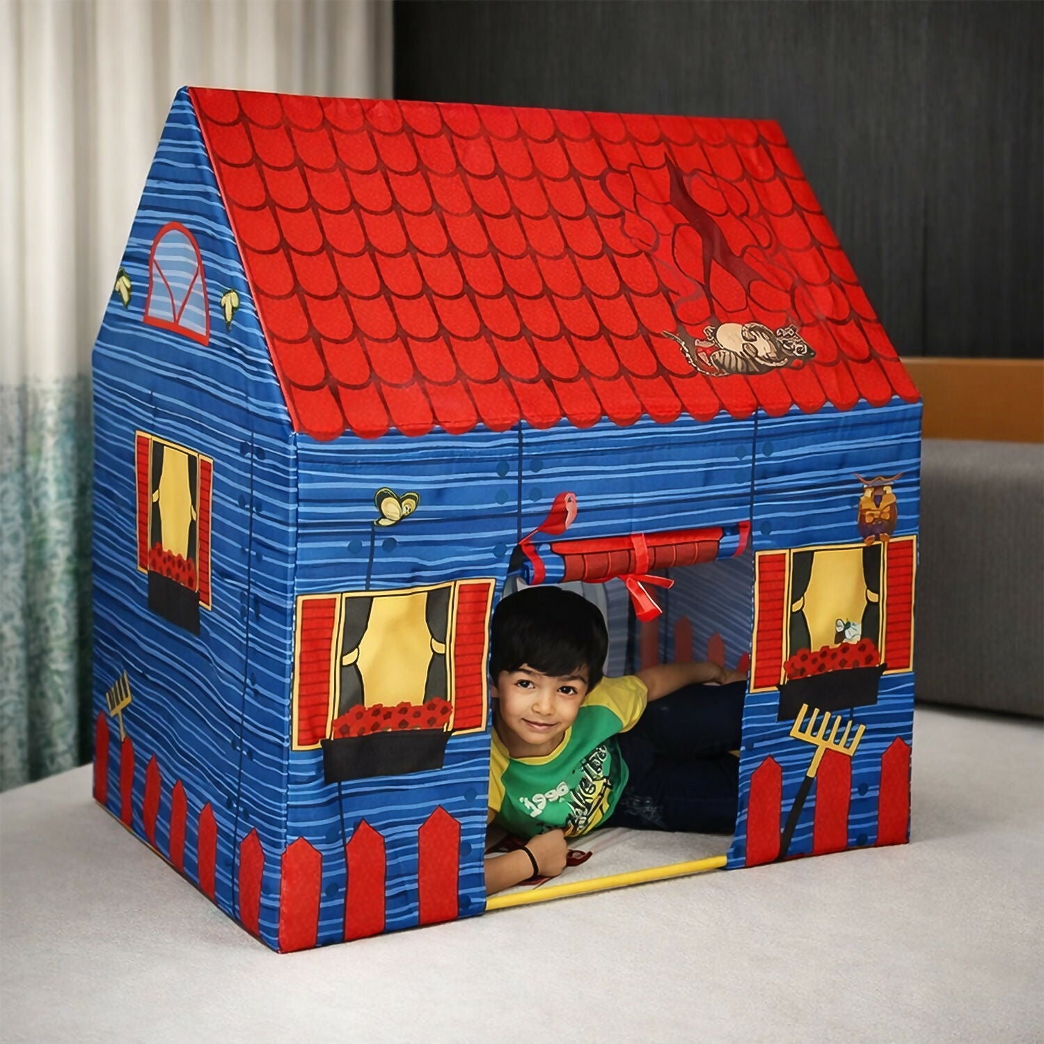 Blue & Red Foldable Kids Play Tent House with Printed Cottage Design for Indoor & Outdoor Fun
