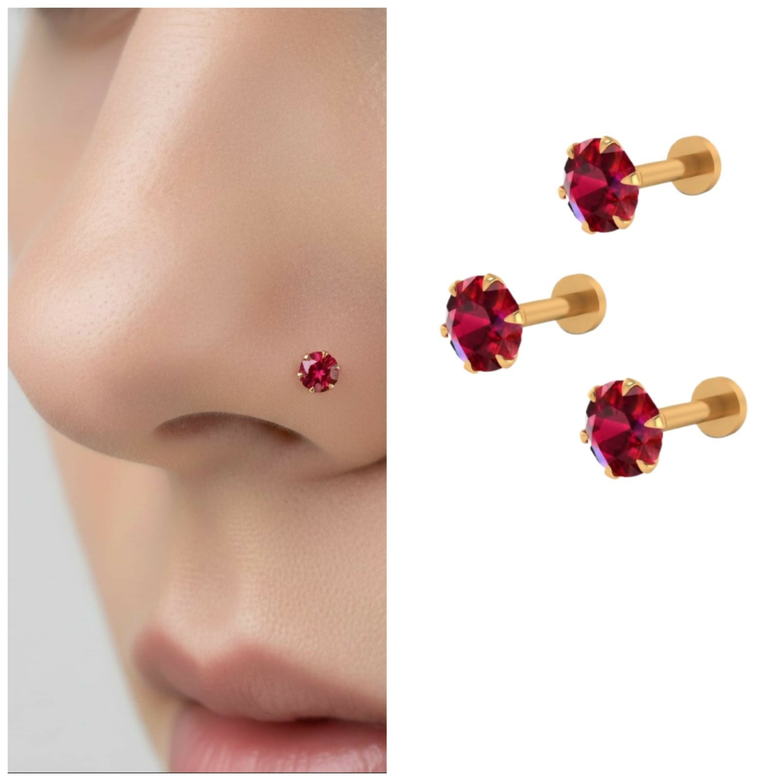 Gold plated ruby nose stud featuring comfortable flat back labret design