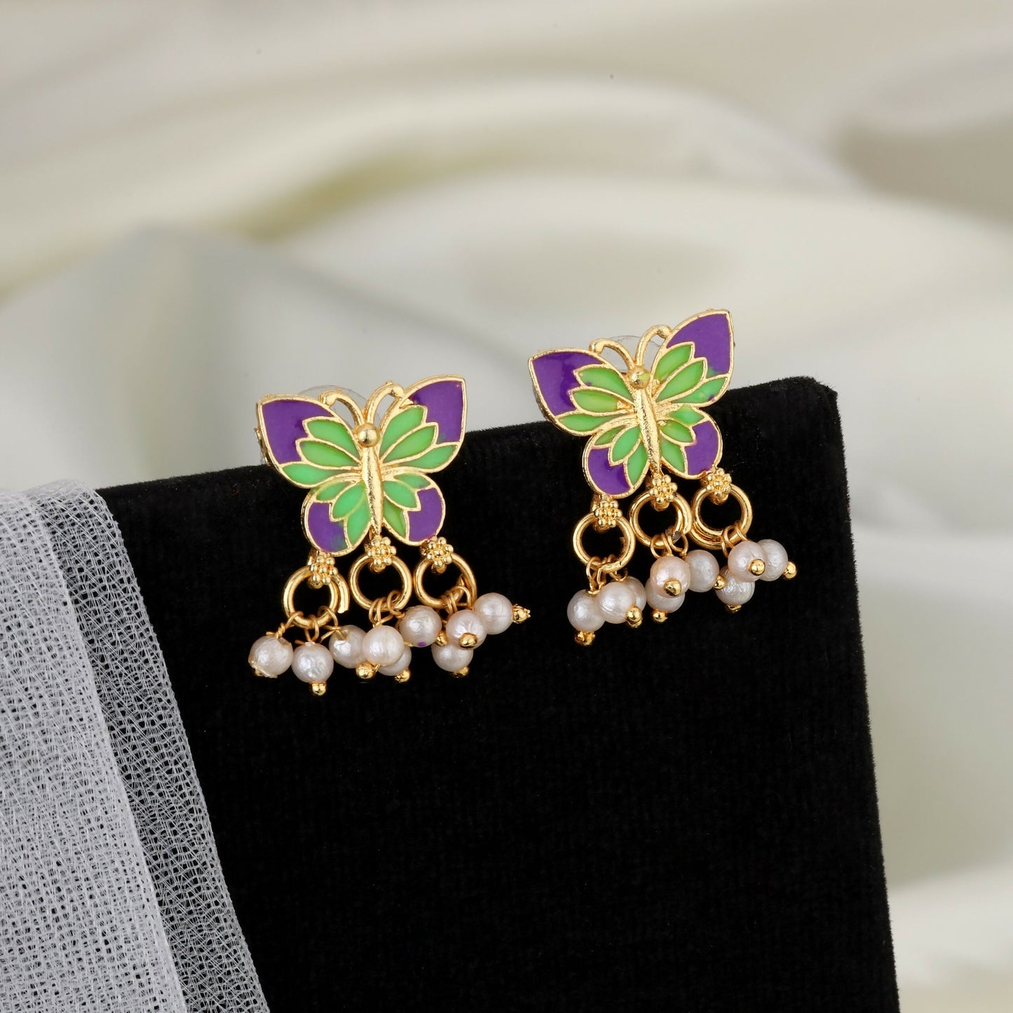 Artistic Purple & Green Enamel Butterfly Choker Set with Pearl Drops