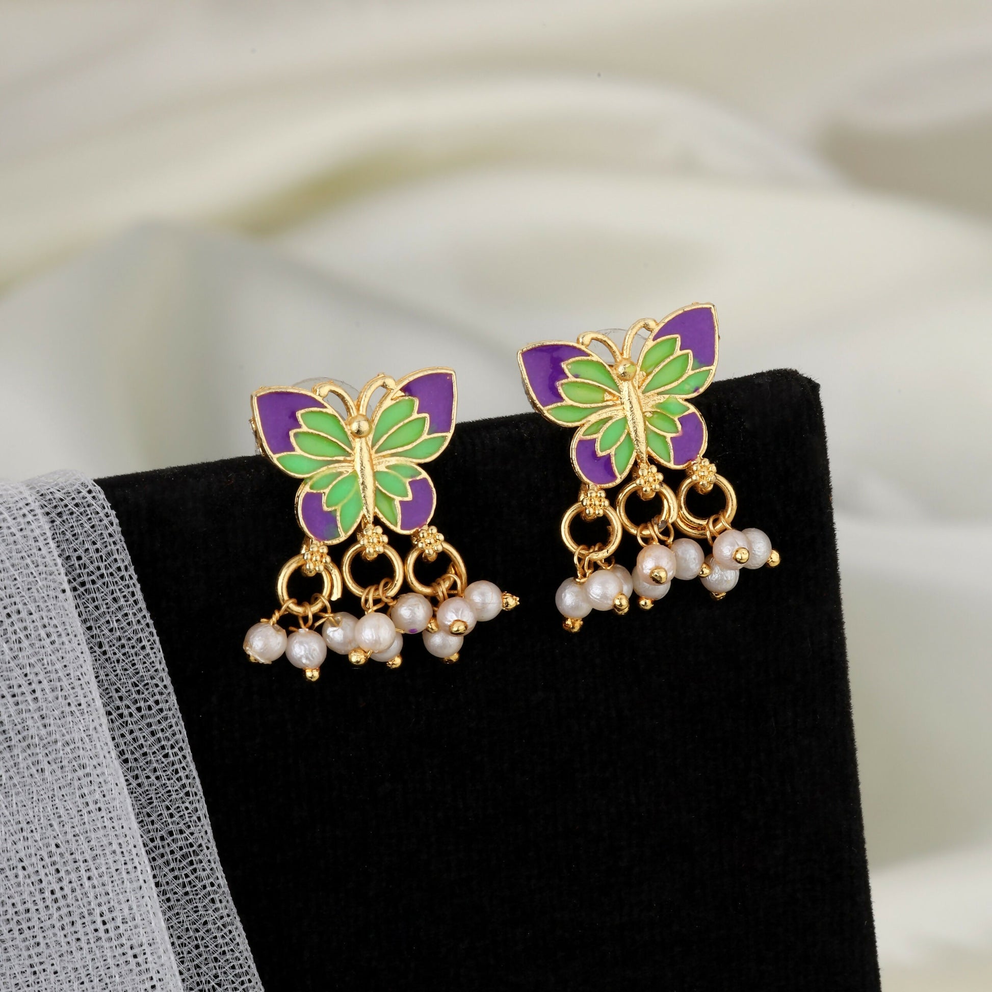 Artistic Purple & Green Enamel Butterfly Choker Set with Pearl Drops