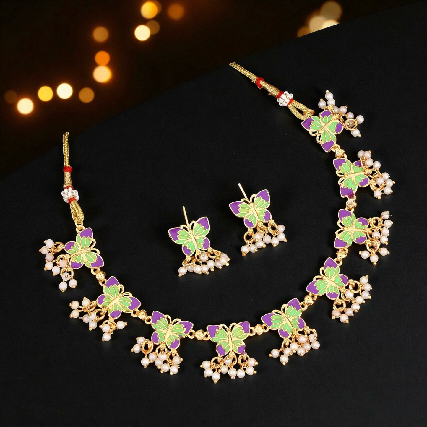 Artistic Purple & Green Enamel Butterfly Choker Set with Pearl Drops