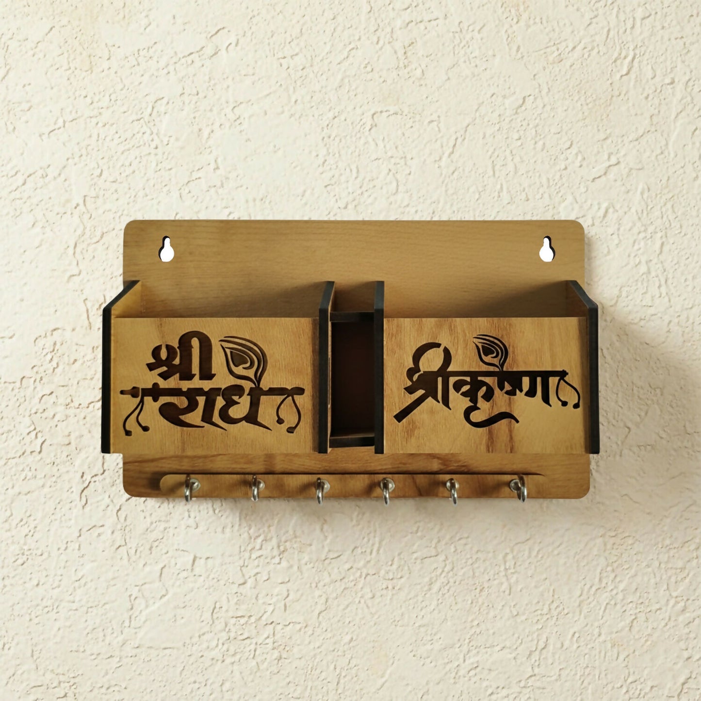 Wooden key holder with compartments holding phone and wallet
