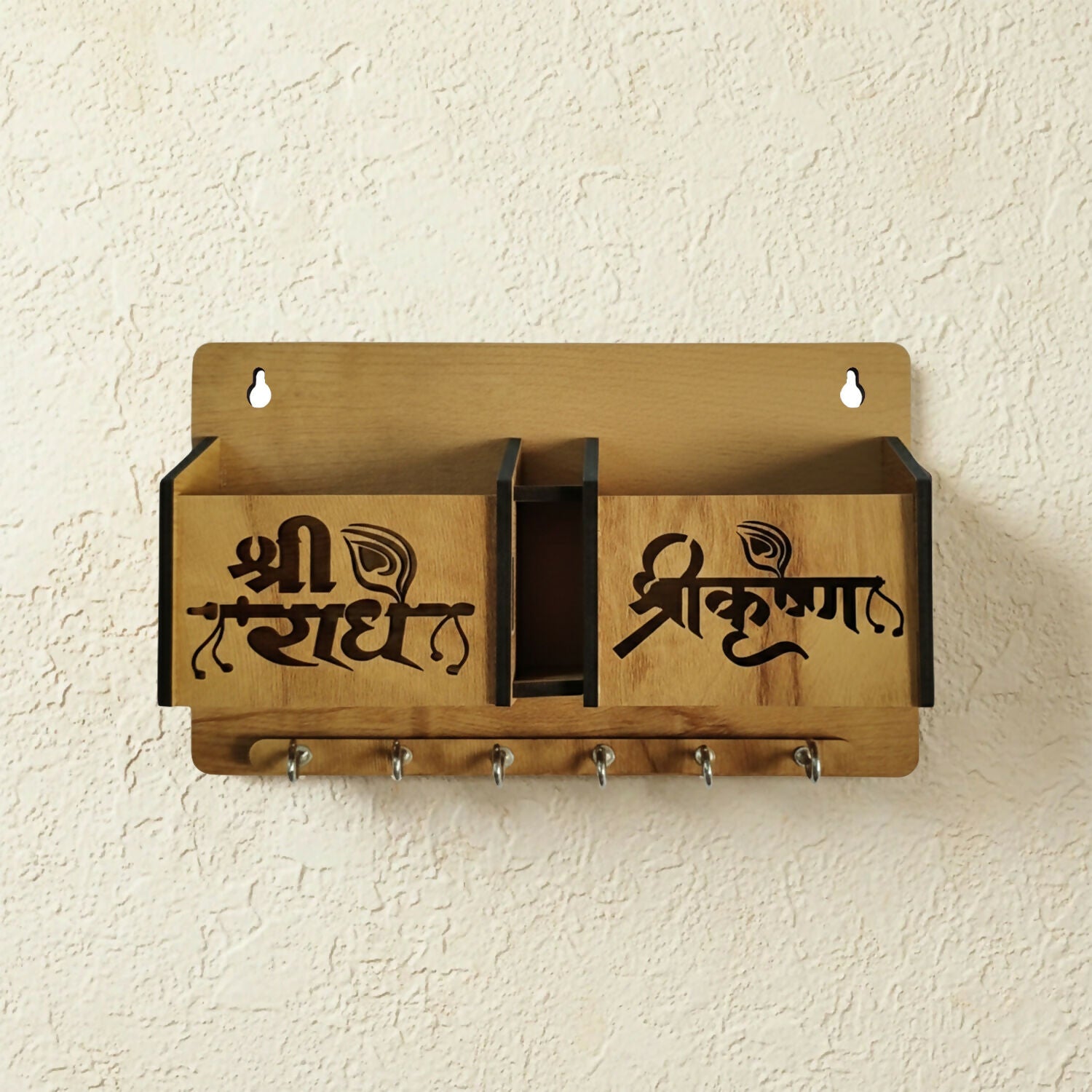 Wooden key holder with compartments holding phone and wallet