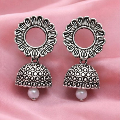 Oxidized silver floral jhumka earrings front view showing traditional ethnic design