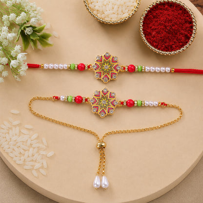 Bhaiya Bhabhi Floral Meenakari Rakhi & Pearl Drop Lumba Combo Set Gift