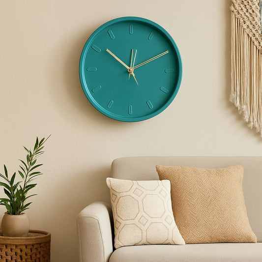 Modern Teal Wall Clock with Silent Sweep Movement – Round Decorative Wall Clock with Golden Hands, Stylish Minimalist Design, Battery Operated, Perfect for Home & Office Wall Décor (12 Inch)