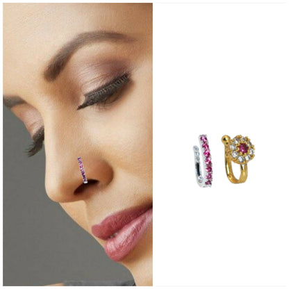 Clip-On Nose Pin Combo - White & Pink Stone Lines Combo Pack of 2