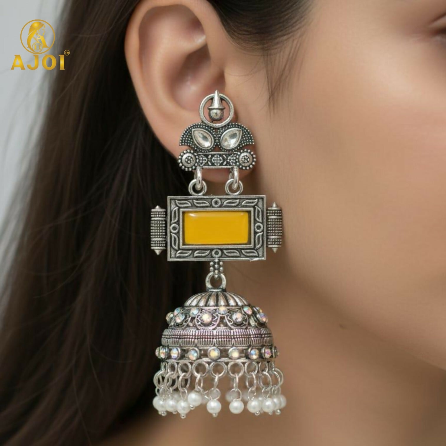 Traditional Oxidized Silver Jhumka Earrings with Yellow Stone & Pearl Hanging.