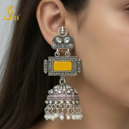 Traditional Oxidized Silver Jhumka Earrings with Yellow Stone & Pearl Hanging.