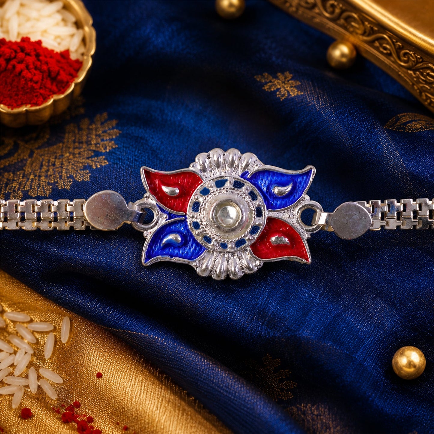 Silver Chain Rakhi Red Green Enamel Floral Design for Brother (10pcs)