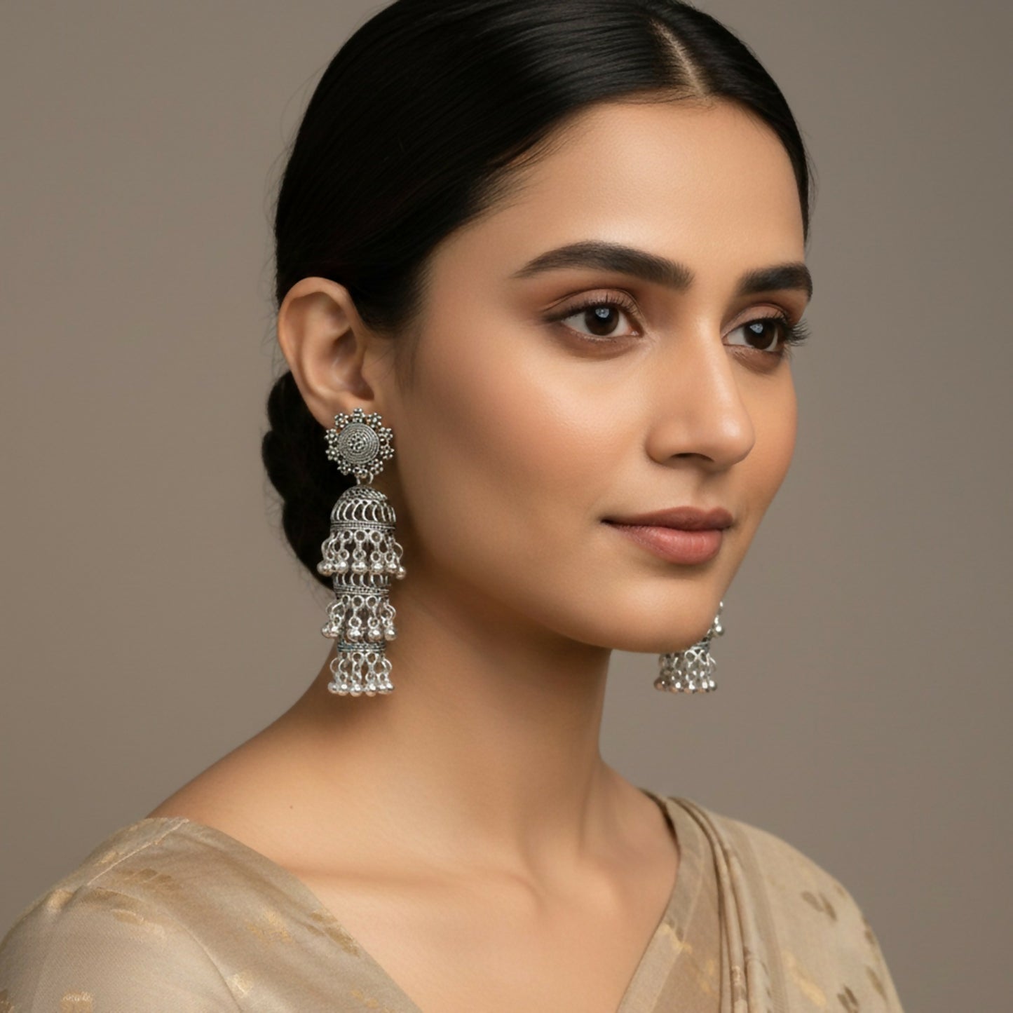 Premium Oxidised Silver Long Layered Jhumka Earrings
