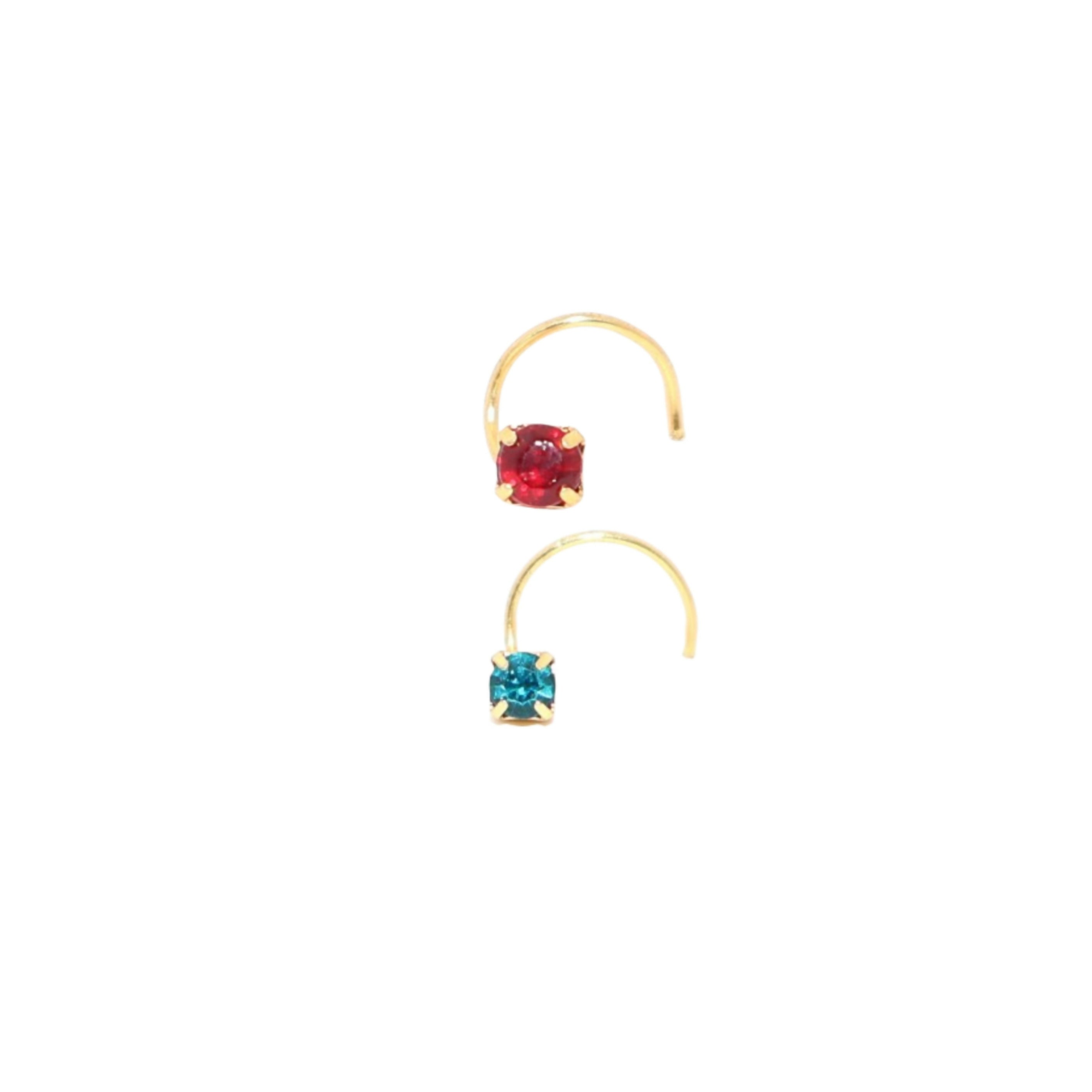 Gold Plated AD Ruby Red & Sky Blue Crystal Nose Pin KATI Set 2