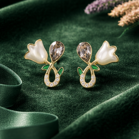 Elegant White Floral Stud Earrings for Women | Gold Plated Crystal Drop Design