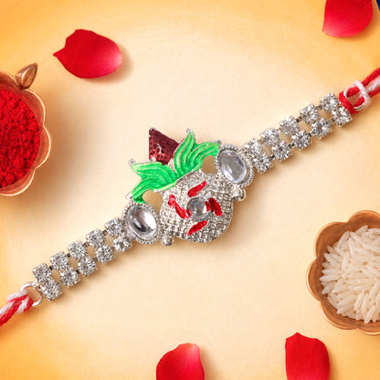 Ornate Rakhi with Leaf Floral Charm, multicolor stones and chain look for Festive Use