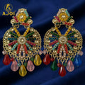 Multicolor Antique Gold Chandbali Earrings with Beaded Floral Drop Design