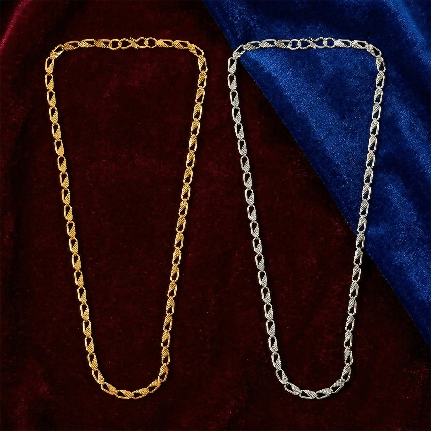 Dual tone textured chain necklace displayed elegantly