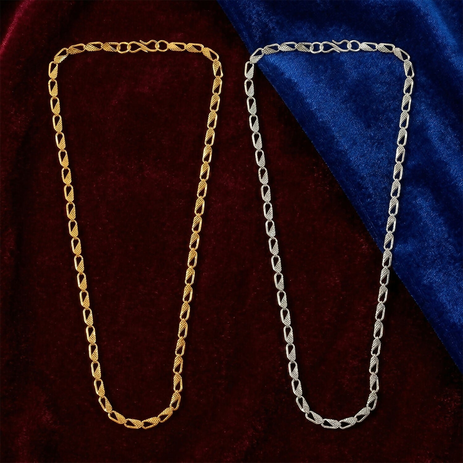 Dual tone textured chain necklace displayed elegantly