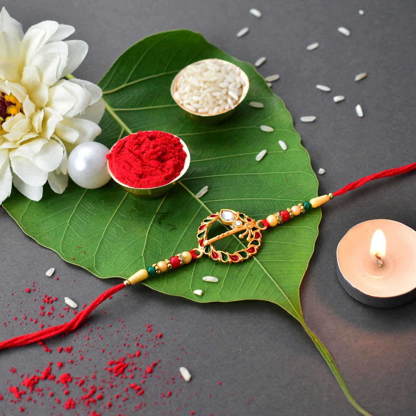 Krishna Flute Rakhi Traditional Design with Colorful Leaf Beads (10pcs)