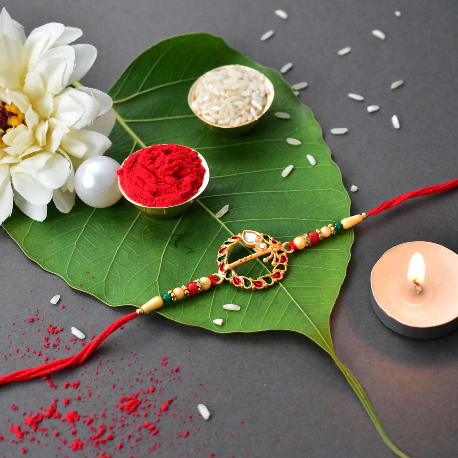 Krishna Flute Rakhi Traditional Design with Colorful Leaf Beads (10pcs)