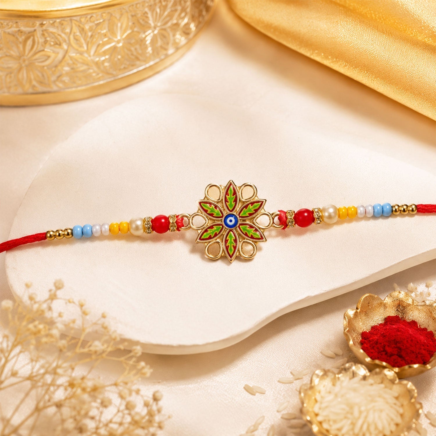 Rakhi for Brother Golden Meenakari Evil Eye with Beads (10pcs)