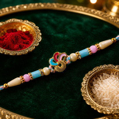 Colorful Enamel Bird Pendant Rakhi with Pastel Beads