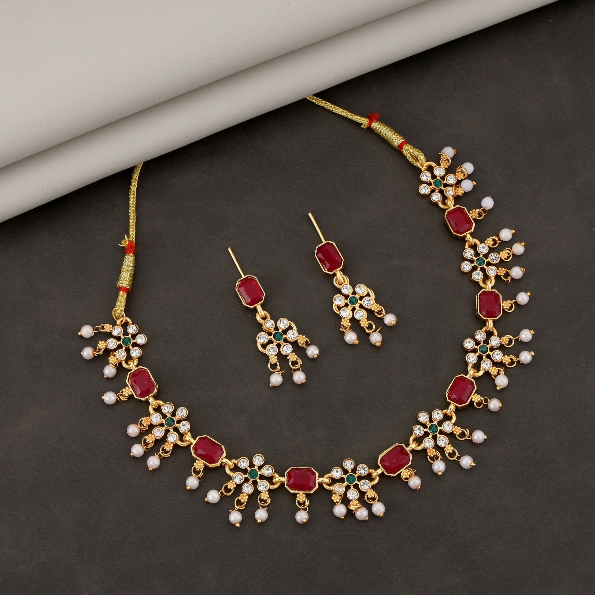 Delicate Gold-Toned Pearl & American Diamond Choker Set