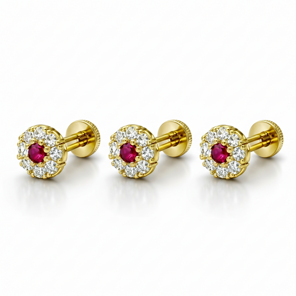 Gold plated Ruby & Diamond Floral Halo Nose Pin Labret Stud Combo Pack of 3