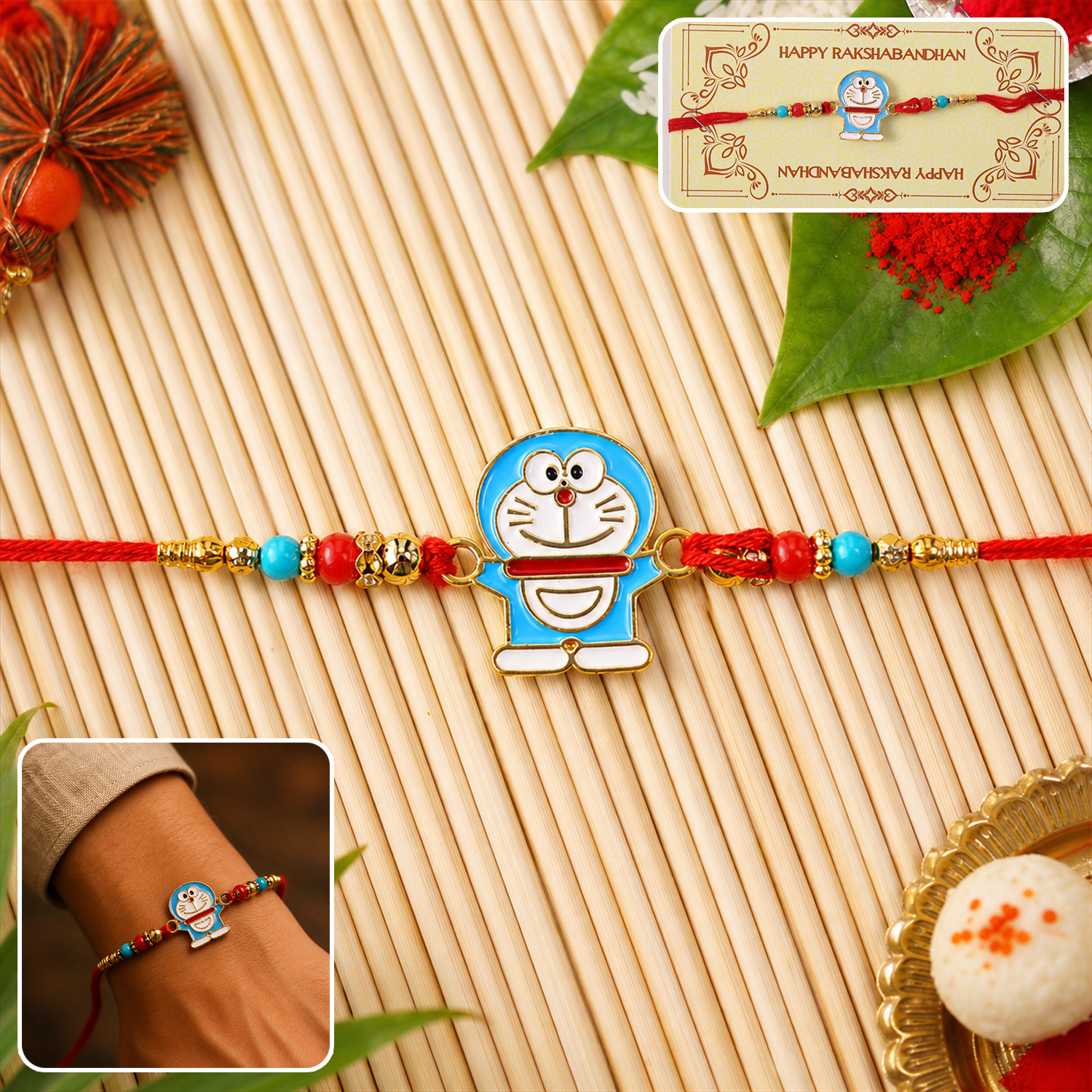 Blue Cartoon Cat Rakhi Set with Choco Magic, Pack of 3