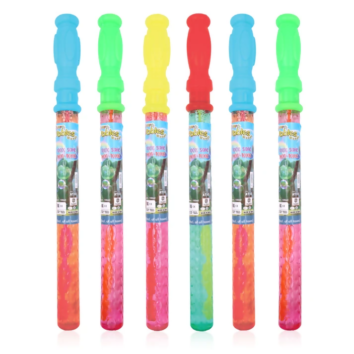 Bright bubble wands with bubble solution for children’s outdoor fun.