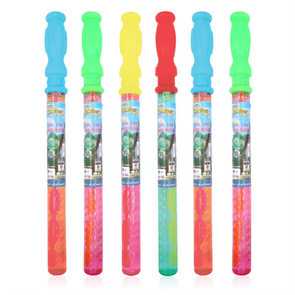 Bright bubble wands with bubble solution for children’s outdoor fun.