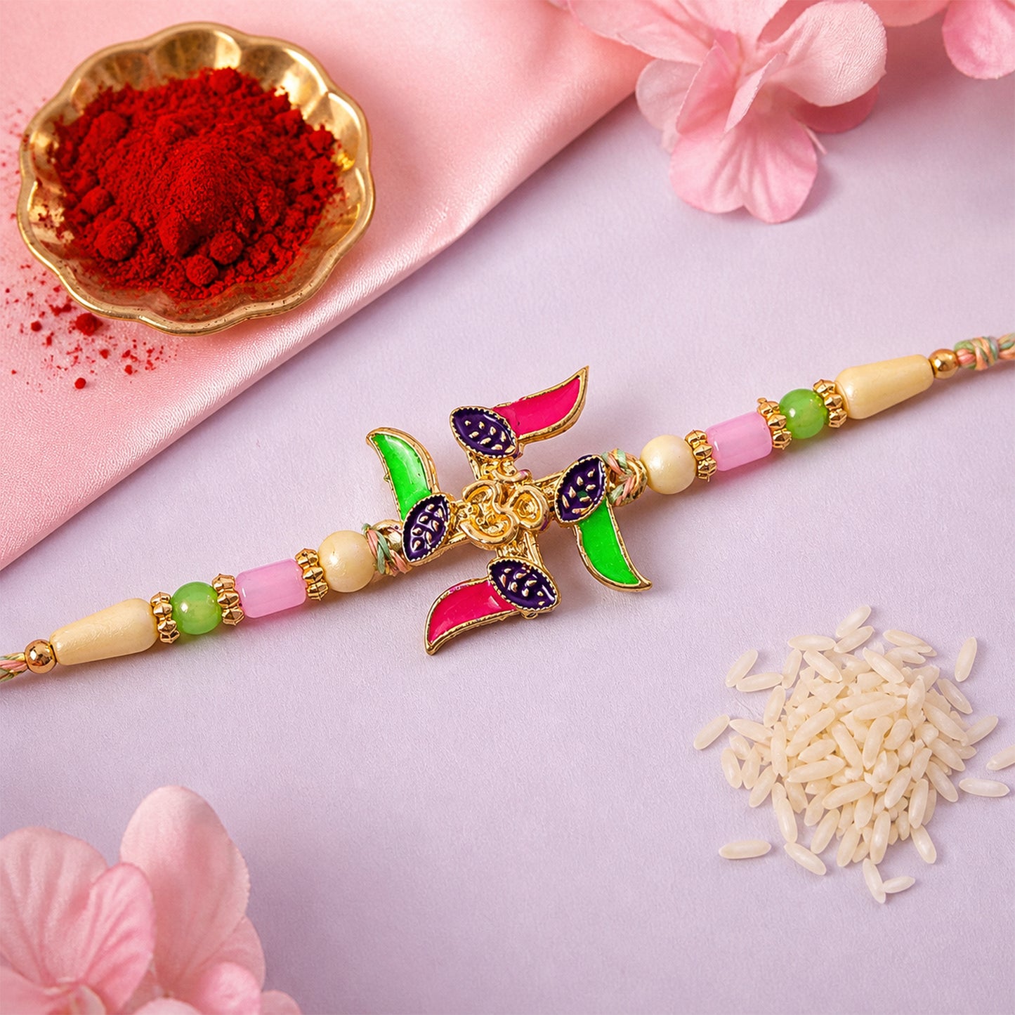 Ornate Rakhi with Butterfly Flower Charm and pearl accents in bead line for Gift Use