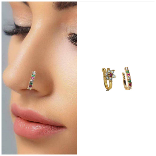 Multicolor AD Gold Nose Ring for women and girls Combo Pack of 2