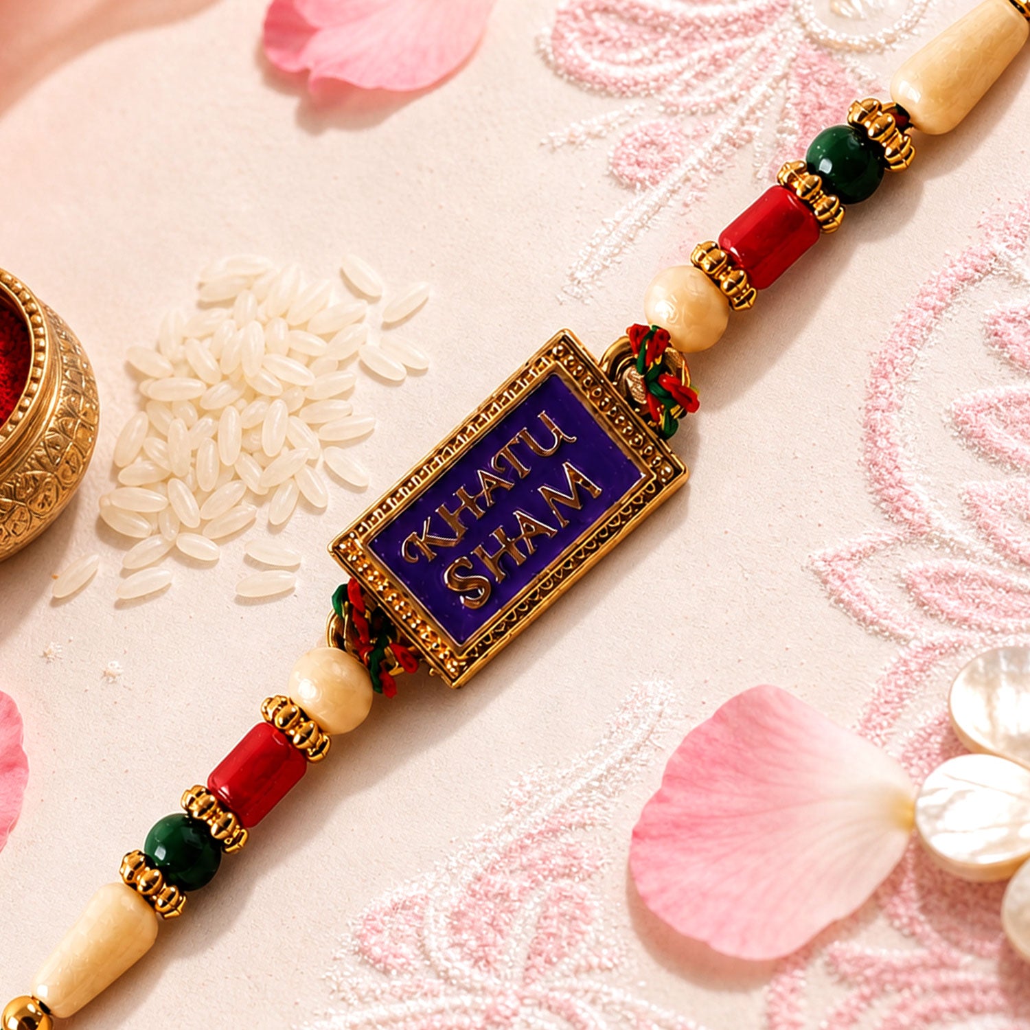Khatu Shyam Text Pendant Rakhi with Multicolor Beads