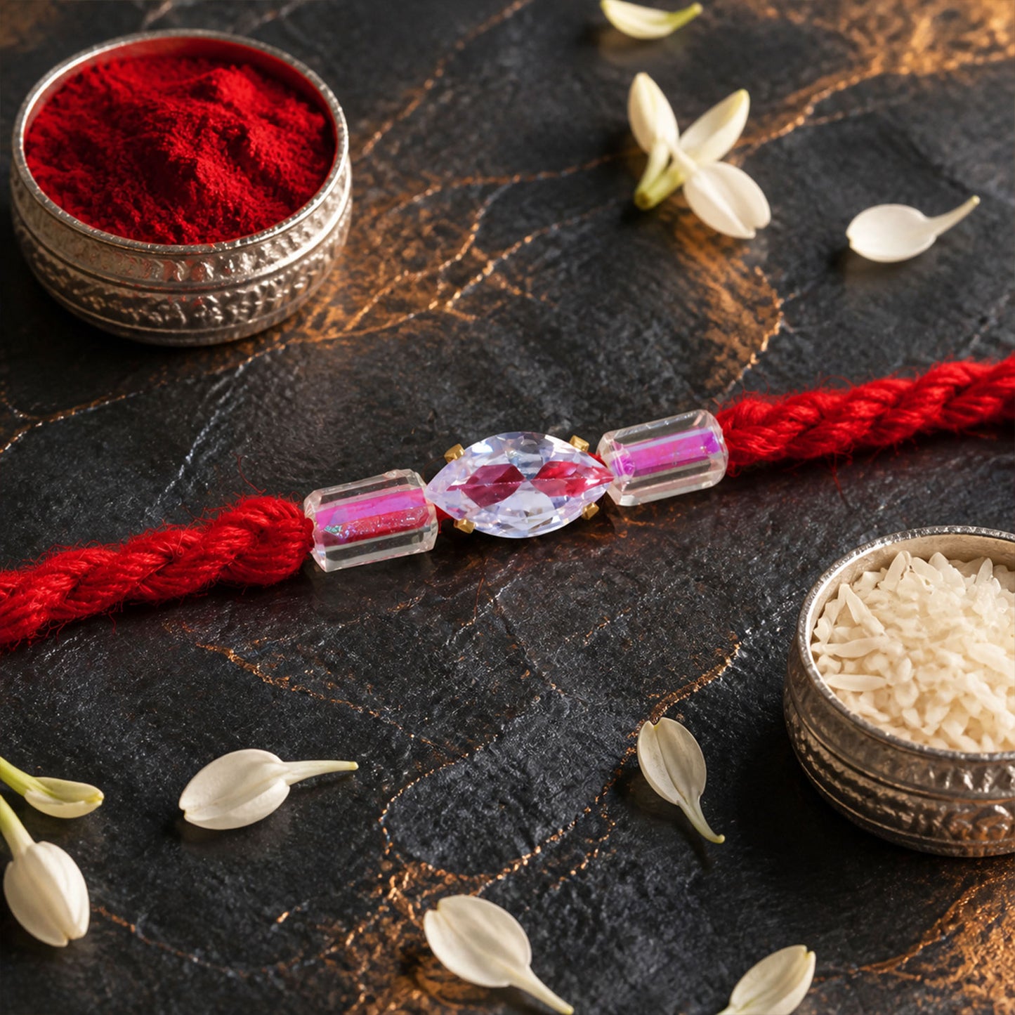 Red Thread Rakhi with Pink and Clear Crystal Bead Pendant Accents