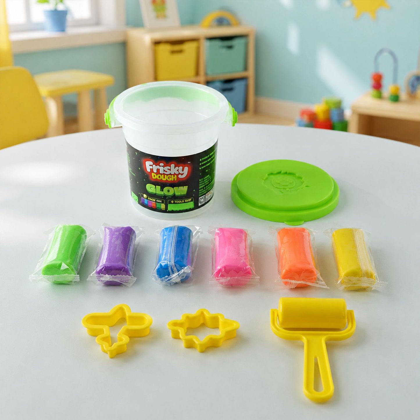 Glow Play Dough Bucket Set 120g with 6 Colour Doughs, Shape Molds & Roller for Kids