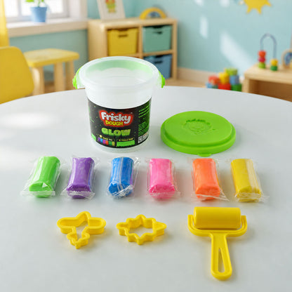 Glow Play Dough Bucket Set 120g with 6 Colour Doughs, Shape Molds & Roller for Kids