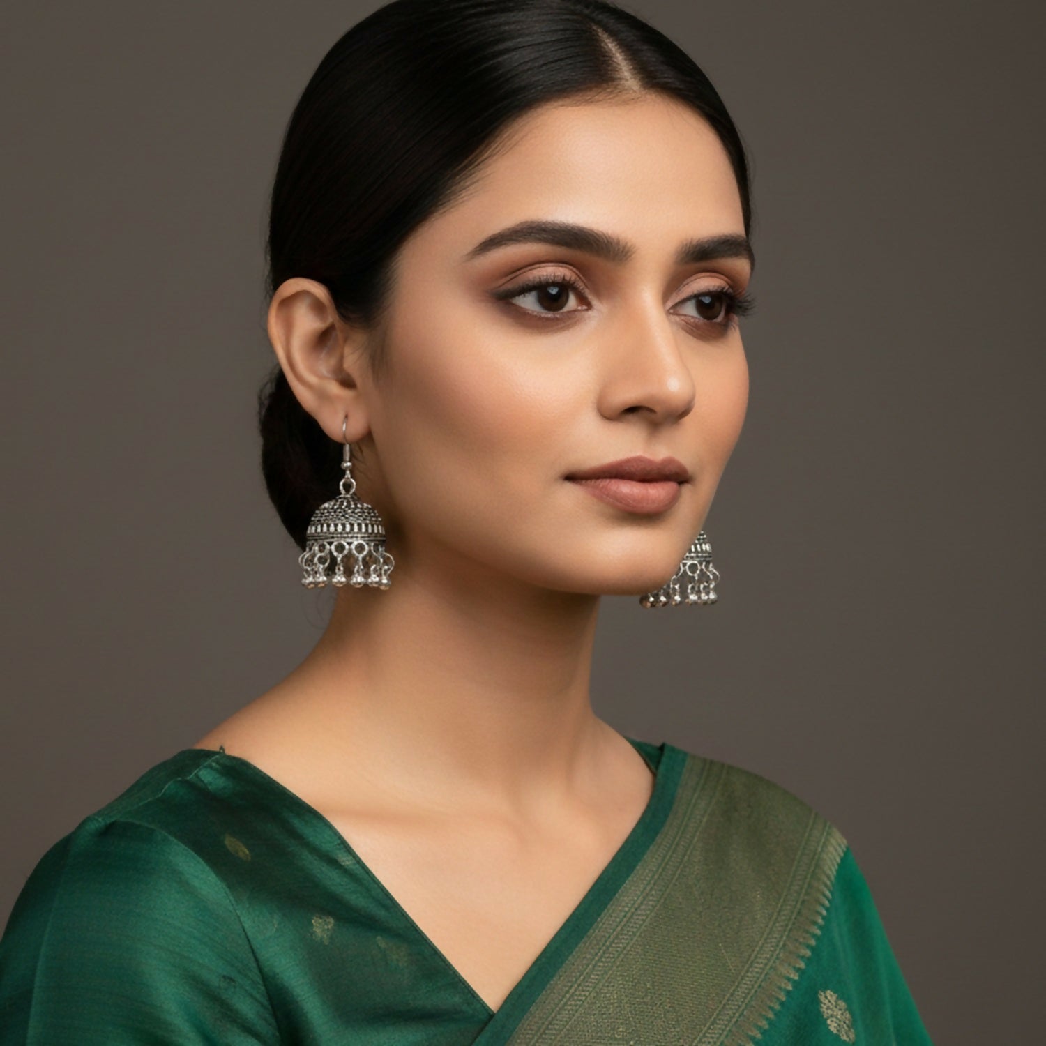 Classic Oxodised Silver Hook Jhumka Earrings