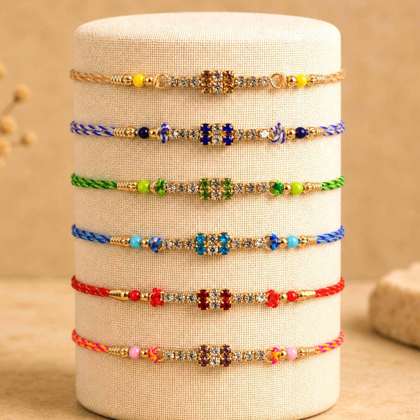 Square Stone Block Rakhi in Mix Colour Silk Threads (Pack of 6)