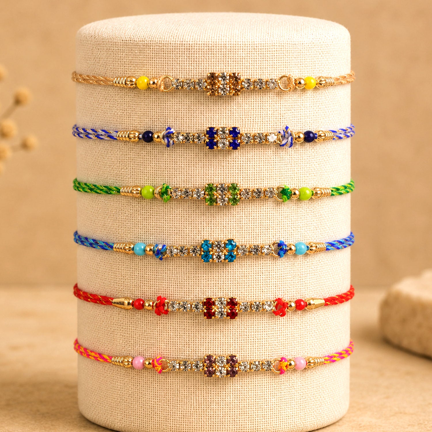 Square Stone Block Rakhi in Mix Colour Silk Threads (Pack of 6)