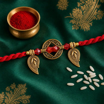 Couple Rakhi Set with Red Thread, Amber Stone, Leaf Charms and Gold Beads