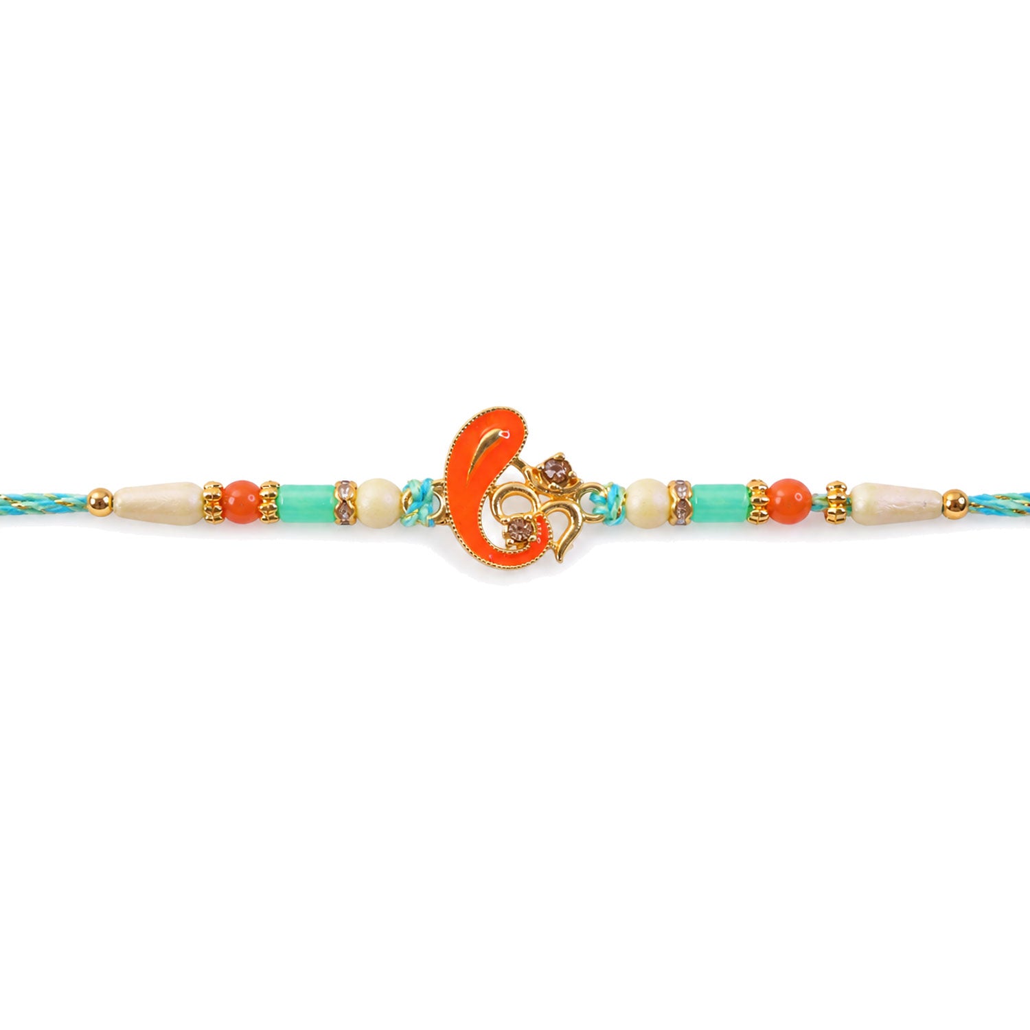 Traditional Rakhi with Om Symbol Charm and leaf detail in thread style for Gift Use