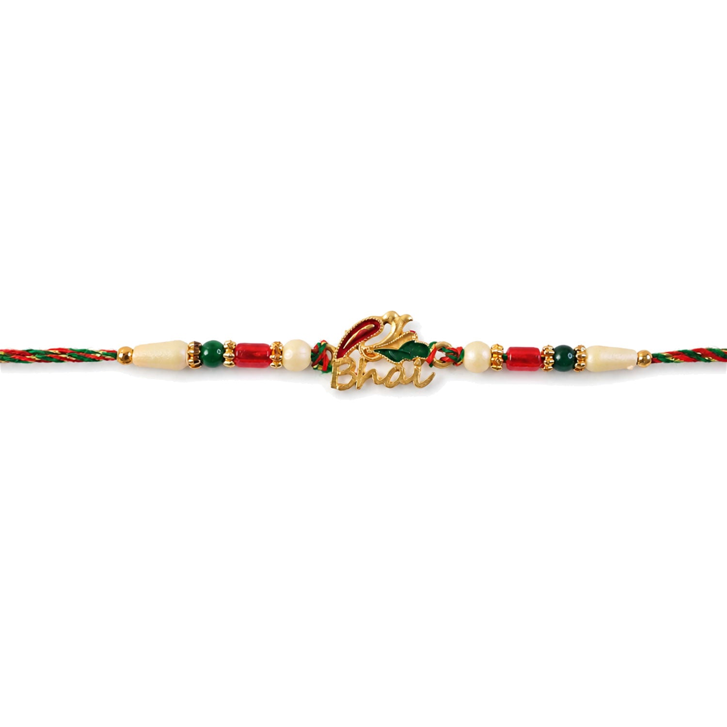 Bold Rakhi showcasing Devanagari Script Charm, bead line and plaque look for Gift Use