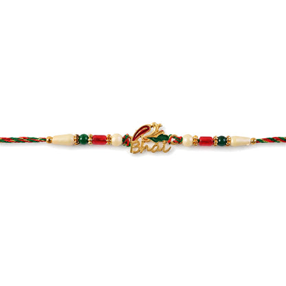 Bold Rakhi showcasing Devanagari Script Charm, bead line and plaque look for Gift Use