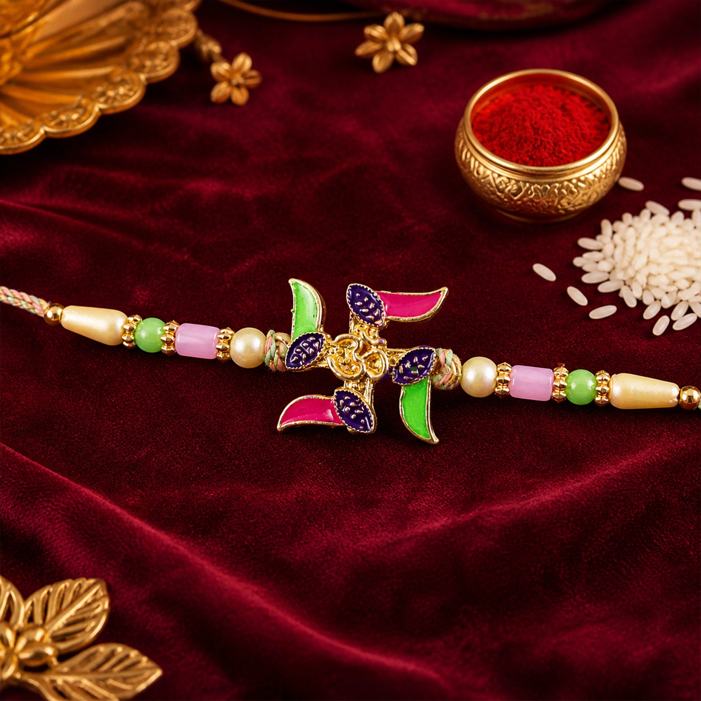 Ornate Rakhi with Butterfly Flower Charm and pearl accents in bead line for Gift Use